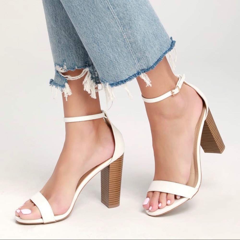 Taylor White Stacked Ankle Strap Heels